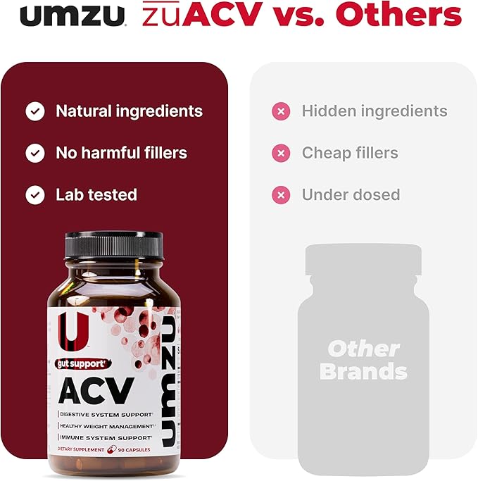 UMZU zuACV Apple Cider Vinegar + Prebiotics Supplement (30 Day Supply) – ACV &amp Inulin Fiber Blend – Gut Health Support with ACV Capsules for Daily Digestive Health &amp Wellness Balance Formula