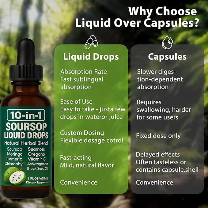 QIZFYZZ Soursop Natural Drops 10-in-1 Soursop Extract Drops with Sea Moss Moringa Turmeric Black Seed Oil Oregano Ashwagandha Immune Support | Improving Gut Health | Heart Health 2 Fl Oz (2)