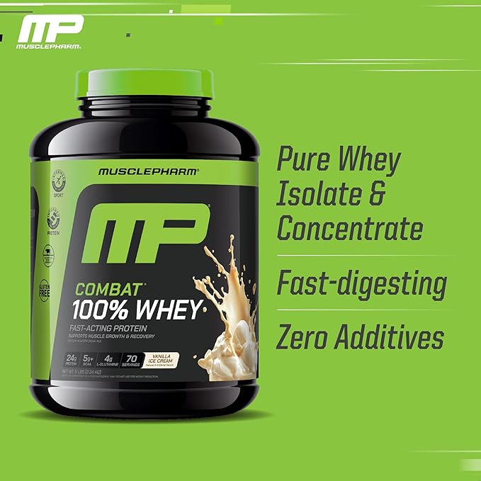 MusclePharm Combat 100% Whey Protein Powder Vanilla Flavor Fast Recovery &amp Muscle Gain with Whey Protein Isolate High Protein Powder for Women &amp Men Gluten Free 5 lb 70 Servings
