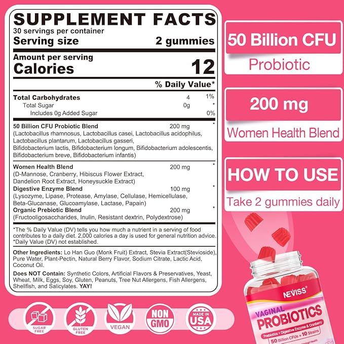 Vaginal Probiotics Gummies for Women PH Balance Odor Control with Prebiotics Cranberry D-Mannose Promotes Feminine Healthy Vaginal Flora Urinary Tract Yeast Digestive Support Sugar Free120Cts