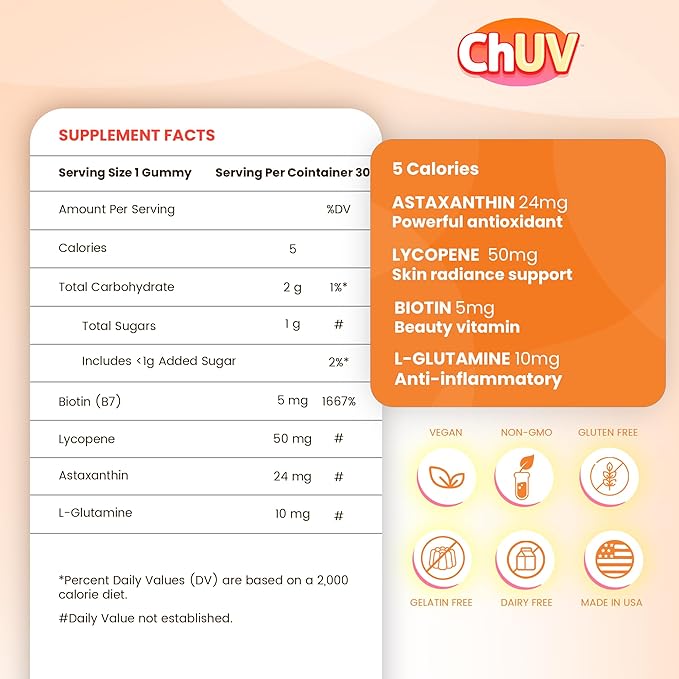 60 Gummies - Natural Astaxanthin Supplement for Supporting Tanning - Includes Lycopene Biotin and L-Glutamine - Non-GMO &amp Gluten-Free