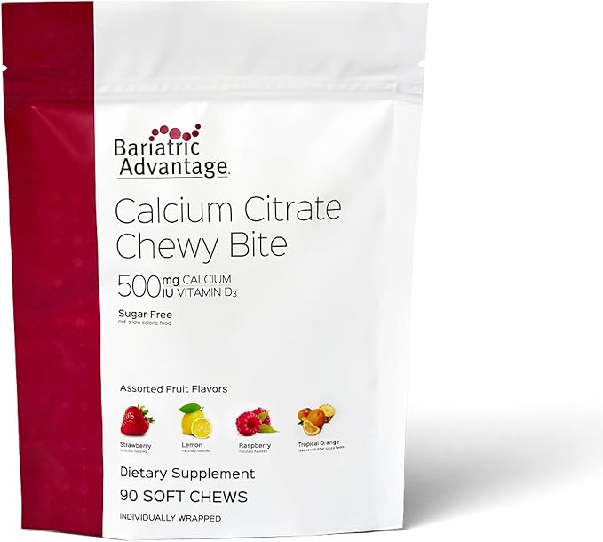 Bariatric Advantage Calcium Citrate Chewy Bites 500 mg - Highly Absorbable &amp Digestible - Vitamin D3 - Easily Chewable Calcium Supplement - Assorted Fruit - 90 Count