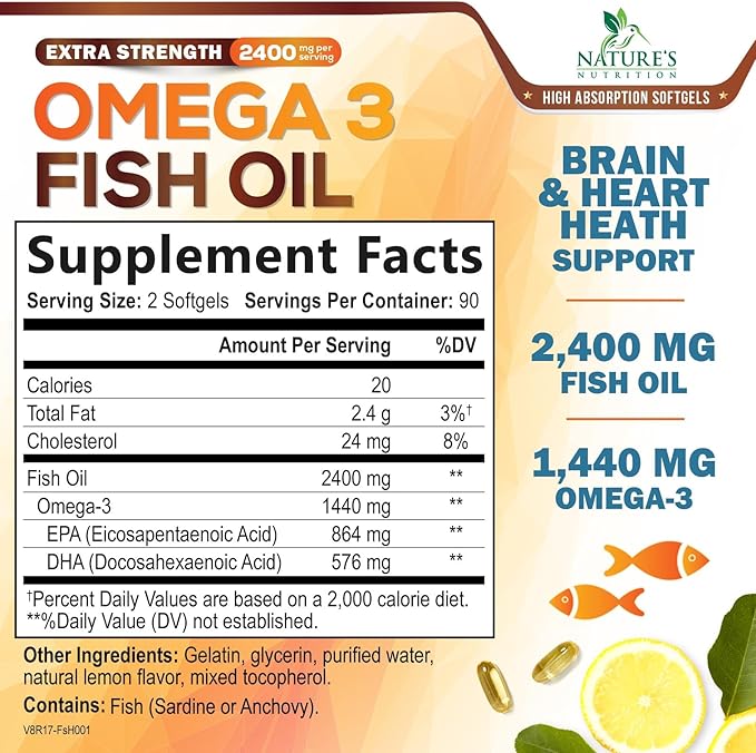 Omega 3 Fish Oil Supplements - 2400mg Fish Oil Per Serving - Triple Strength Omega-3 with EPA &amp DHA Fatty Acids - Natural Heart Brain &amp Immune Support - Wild Caught Bottled in USA - 180 Soft