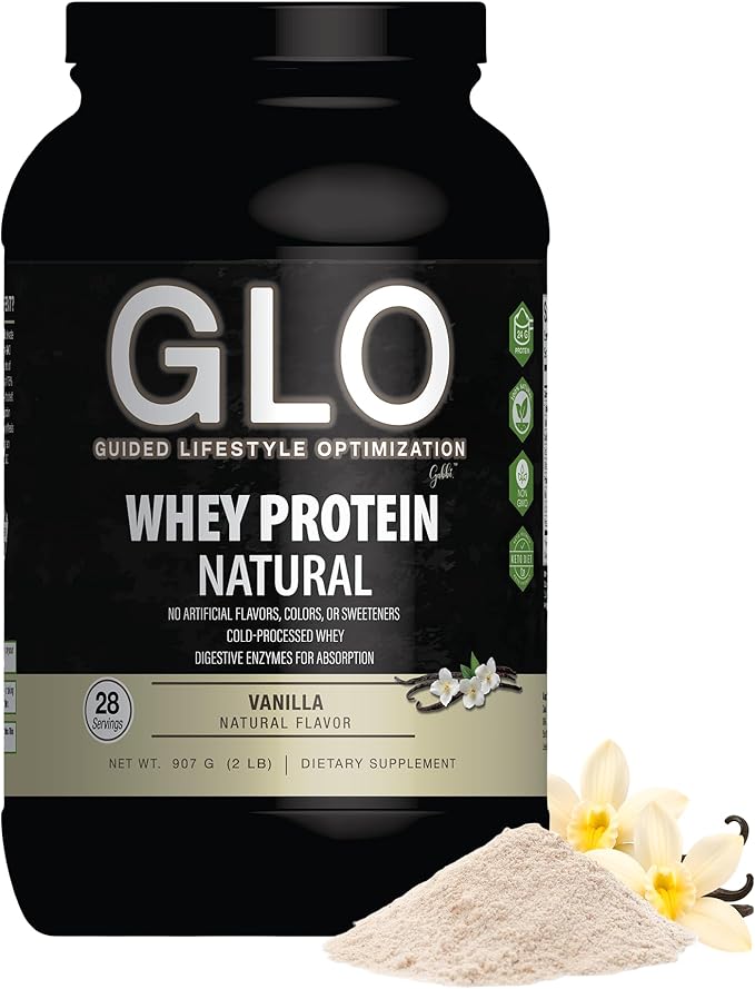 GLO Health Foods Cold-Processed Whey Protein - Vanilla Flavor - 24g Protein per Serving - Whey with Digestive Enzymes &amp BCAAs - Supports Muscle Growth Strength &amp Recovery - 2 LB (28 Servings)