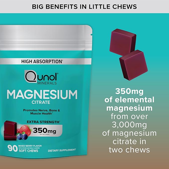 Qunol Magnesium Citrate Soft Chews 350mg Extra Strength Magnesium Supplement High Absorption to Support Nerve Bone and Muscle Health 90 Count