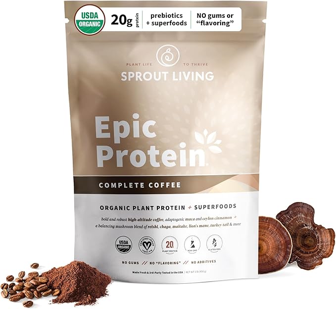 Sprout Living Epic Protein Plant Based Protein &amp Superfoods Powder Complete Coffee | 20 Grams Organic Protein Powder Adaptogens Mushrooms Vegan Non-GMO Gluten Free (1 Pound 12 Servings)