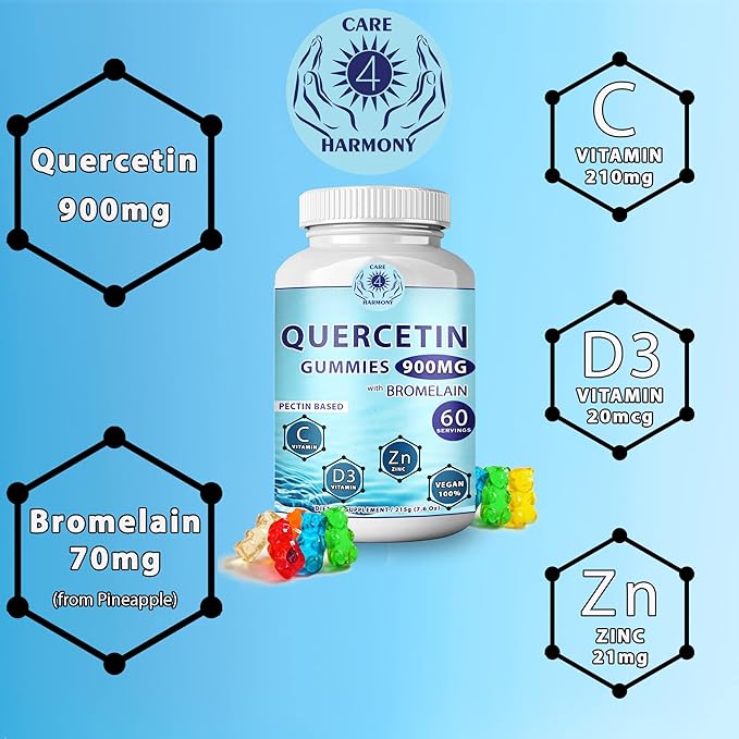 Quercetin Gummies - Quercetin with Bromelain Vitamin C + Zinc Vitamin D3 – Chewable Quercetin 900mg Supplements - Quercetin for Kids and Adults (5)