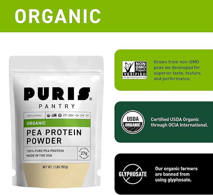 PURIS Organic Pea Protein Powder – USDA Organic Vegan Protein | 27g Plant Protein Per Serving | Non-GMO Gluten-Free Soy-Free | Clean Label | Smooth Taste | 2 lb (3 Pack)