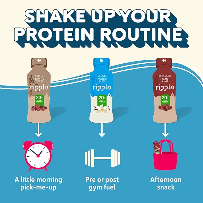 Ripple Vanilla Plant Based Protein Shake | 20g of Quality Sourced Pea Protein Calcium &amp Iron Rich | Shelf Stable | Vegan &amp Non GMO | Dairy Soy Nut &amp Gluten Free | 12 Fl Oz Bottles (Pac