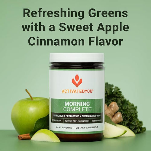 ACTIVATEDYOU Morning Complete Daily Wellness Greens Superfood Drink Mix for Gut Health w/Prebiotics Probiotics Antioxidants Green Superfoods 10 Billion CFUs 30 Servings (Apple Cinnamon)