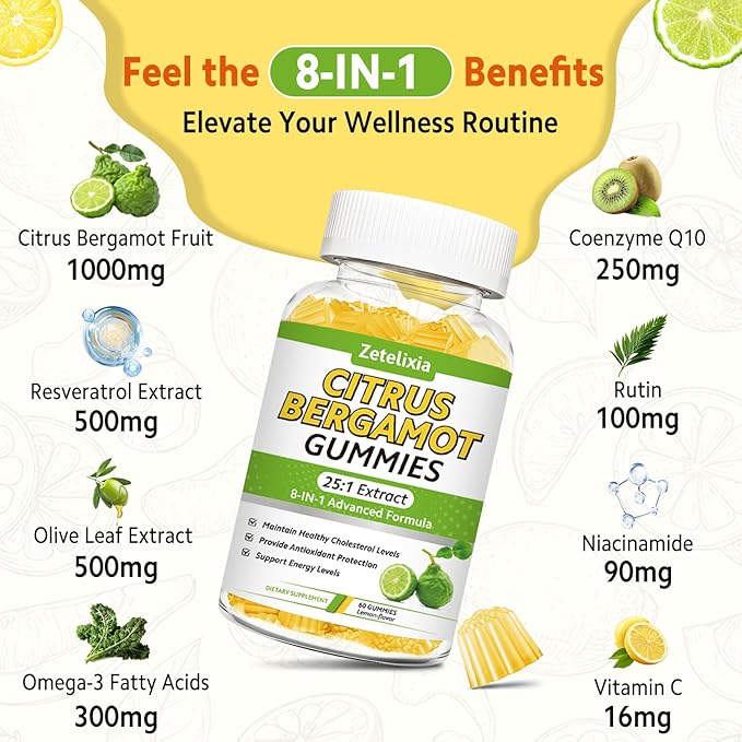 2 Pack Citrus Bergamot Gummies Citrus Bergamot Supplement for High Cholesterol Cholesterol Lowering Supplement for Heart Immune System &amp Healthy Aging Support Sugar Free Lemon Flavor 120 Cts