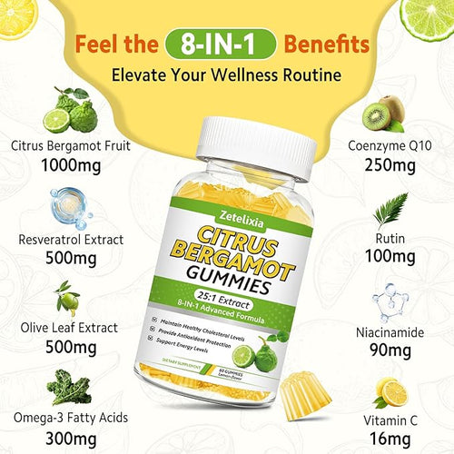 2 Pack Citrus Bergamot Gummies Citrus Bergamot Supplement for High Cholesterol Cholesterol Lowering Supplement for Heart Immune System &amp Healthy Aging Support Sugar Free Lemon Flavor 120 Cts