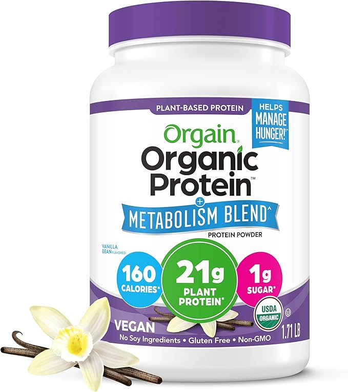Orgain Organic Protein + Metabolism Blend Powder Vanilla Bean - 21g Plant Protein 5g Prebiotic Fiber No Lactose Ingredients Low Sugar Non-GMO for Shakes &amp Smoothies 1.71 lb