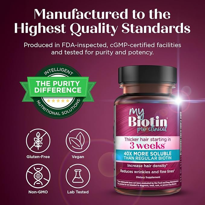 Purity Products MyBiotin ProClinical – Thicker Hair Starting in 3 Weeks &amp Fights Wrinkles - MB40X Patented Biotin Vitamin B7 Matrix w/Astaxanthin - 40X More Soluble vs Ordinary Biotin 90 Veg Caps