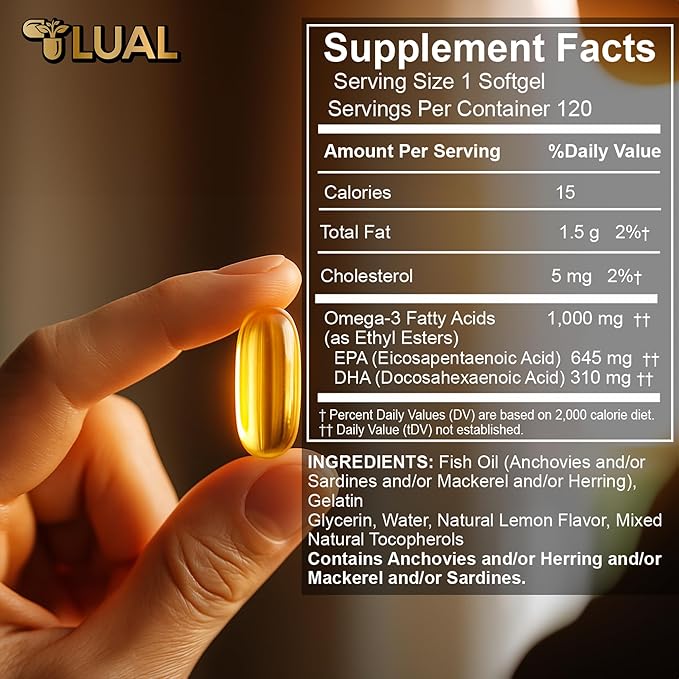 LUAL Omega-3 Fish Oil Softgels – 1000mg with EPA and DHA Lemon Flavor Burpless Non-GMO Formula for Heart Brain and Overall Wellness – 120 Count