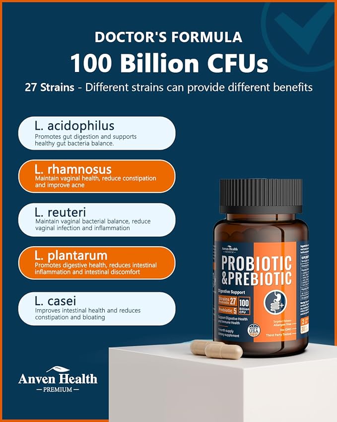 100 Billion Probiotics for Men and Women 27 Strains 5 Organic Prebiotics for Gut Digestive &amp Immune Health Supports Diarrhea Gas Bloating Non-GMO Zero Fillers – Made in USA丨60 Caps