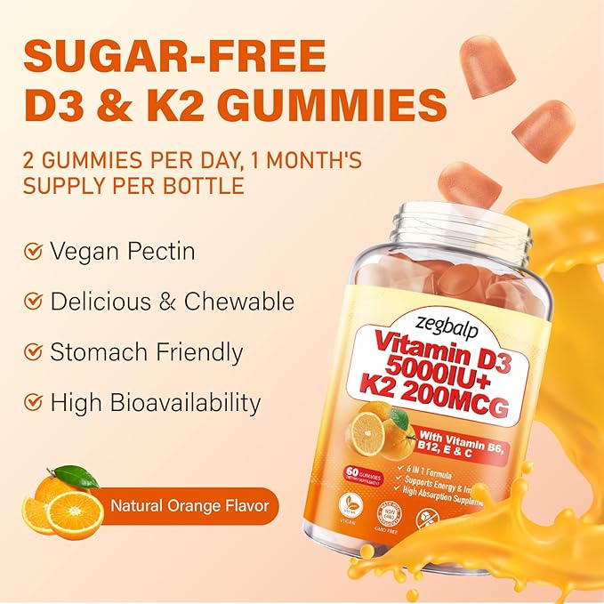2Packs Vitamin D3 K2 Gummies for Adults Sugar-Free Vitamin D3 5000IU + K2(MK-7) 200mcg Supplement with Vitamin B Complex &amp Vitamin C E Supports Bone Muscle Teeth &amp Immune Vegan Gluten Fre
