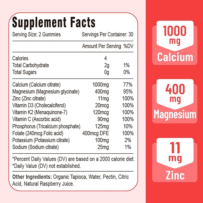 Calcium Magnesium Zinc Gummies with Vitamin D3 &amp K2 High Absorption Magnesium Glycinate Potassium for Immune and Calm Mood Raspberry Flavor 120 Gummies