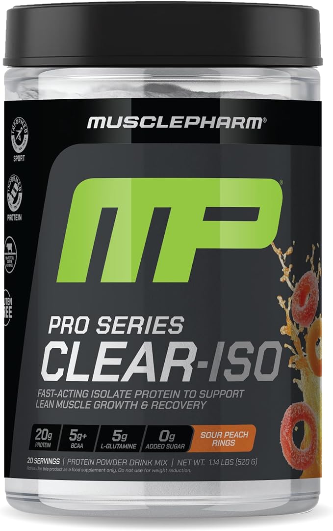 Muscle Pharm Pro Series Clear-ISO Clear Whey Protein Isolate Bundle (Cherry Slush + Sour Peach Rings) | 20g Whey Isolate + BCAAs + EAAs + L-Glutamine (20 Servings Each)