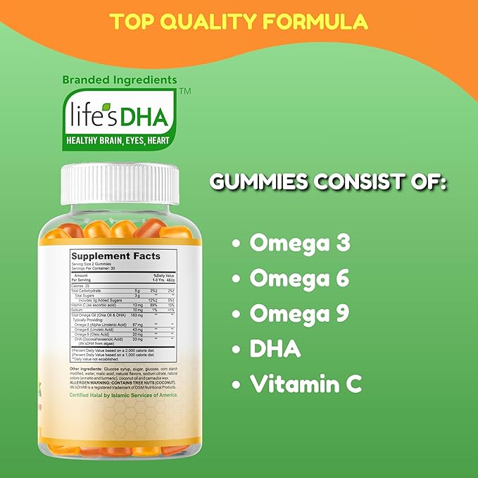 SHIFAA NUTRITION Halal Omega 3 for Kids with DHA Gummies for Brain Development Heart &amp Immune Support Plant-Based Non-GMO Algae-Based DHA Gluten &amp Gelatin-Free Kids Omega 3 Gummies 30 Se