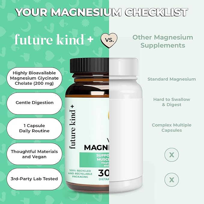 Future Kind Magnesium Glycinate Supports Muscle and Nerve Function High Absorption Chelated Magnesium Supplement Nightly Calm Energy &amp Metabolism Highly Bioavailable &amp Potent - 30 Vegan C