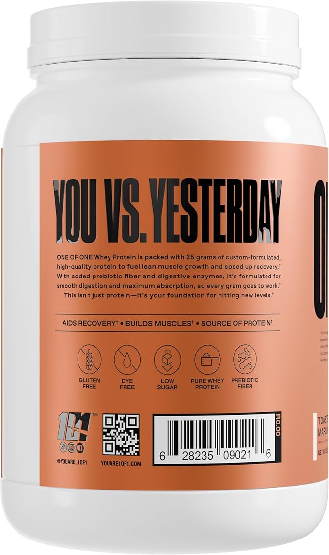 ONE OF ONE Whey Protein Powder – 25g Whey Protein Concentrate with Digestive Enzymes Gluten Free Low Carb Post-Workout Recovery – Toasted Marshmallow Flavor 2lb