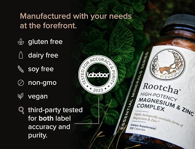 Potent &amp Pure Magnesium &amp Zinc Complex - Fully Reacted Magnesium with Chelated Zinc Picolinate - by Rootcha | 120 Capsules