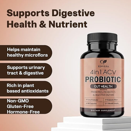 4-in-1 ACV Gut Formula – Apple Cider Vinegar Prebiotics &amp Probiotics Digestive Enzymes – Immune &amp Complete Digestion – 60 Veggie Capsules