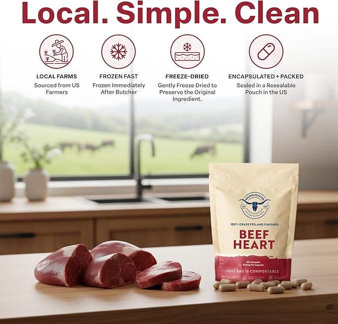 100% Beef Heart Supplement - 180 Count Freeze Dried Grass Fed Beef Organs Supplement for Women &amp Men with Omega-3S &amp CoQ10 - Non-GMO No Fillers &amp No Additives - Real Food Sourced &amp