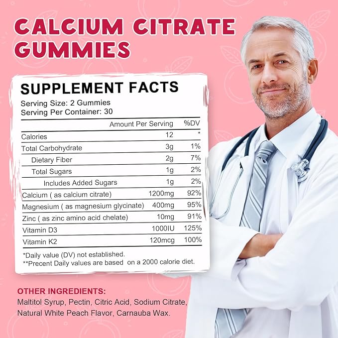 (2 Pack) Calcium Citrate 1200mg with Vitamin D3 Supplements Gummies for Women &amp Men Calcium Gummies with Vitamin D3 K2 High Absorption for Bone Muscle Healthy- Peach Flavor- 60 Day Supply