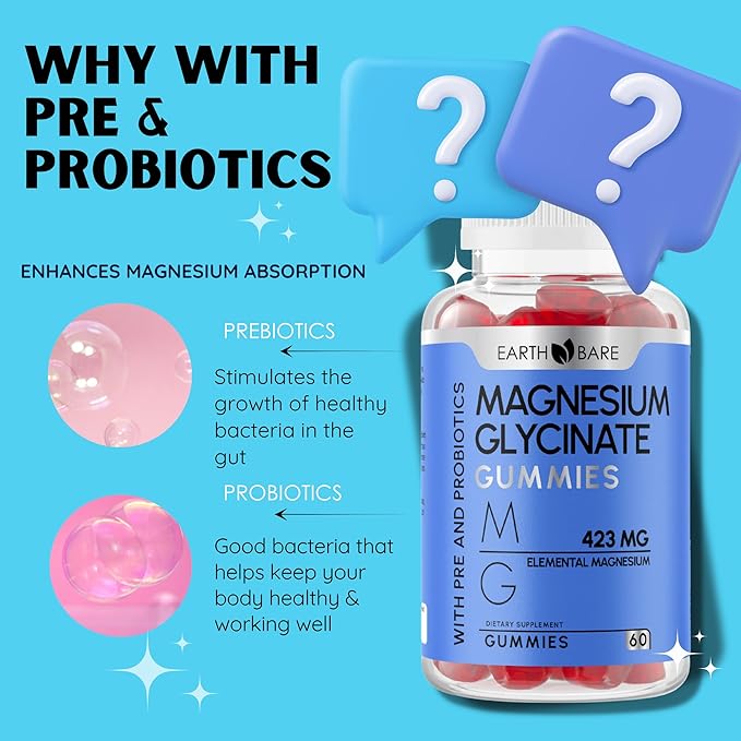 Magnesium Glycinate Gummies - High Potency Magnesium Supplement with Maximum 423mg of Elemental Magnesium Pre and Probiotics | Magnesium Bisglycinate for Superior Health Support | 60 Count