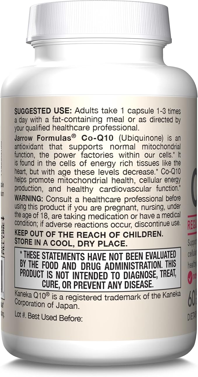 Jarrow Formulas Co-Q10 100 mg - Antioxidant Support for Mitochondrial Health Cellular Energy Production &amp Healthy Cardiovascular Function - 60 Veggie Capsules - Non-GMO - Gluten Free