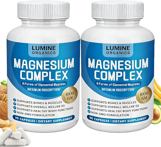 2PCSLumine Organics Magnesium Complex Magnesium Complex for Women Supplement 1000mg - Advanced 8-in-1 Magnesium Blend - GlycinateCitrateMalateTaurate90 Capsules (2)