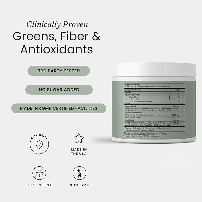 Perelel Synbiotic Greens Powder Superfood Blend with Fruits Vegetables Probiotics Fiber Spirulina &amp Chlorella Daily Greens Supplement Soy &amp Gluten Free Non GMO Acai Berry Flavor 30 S