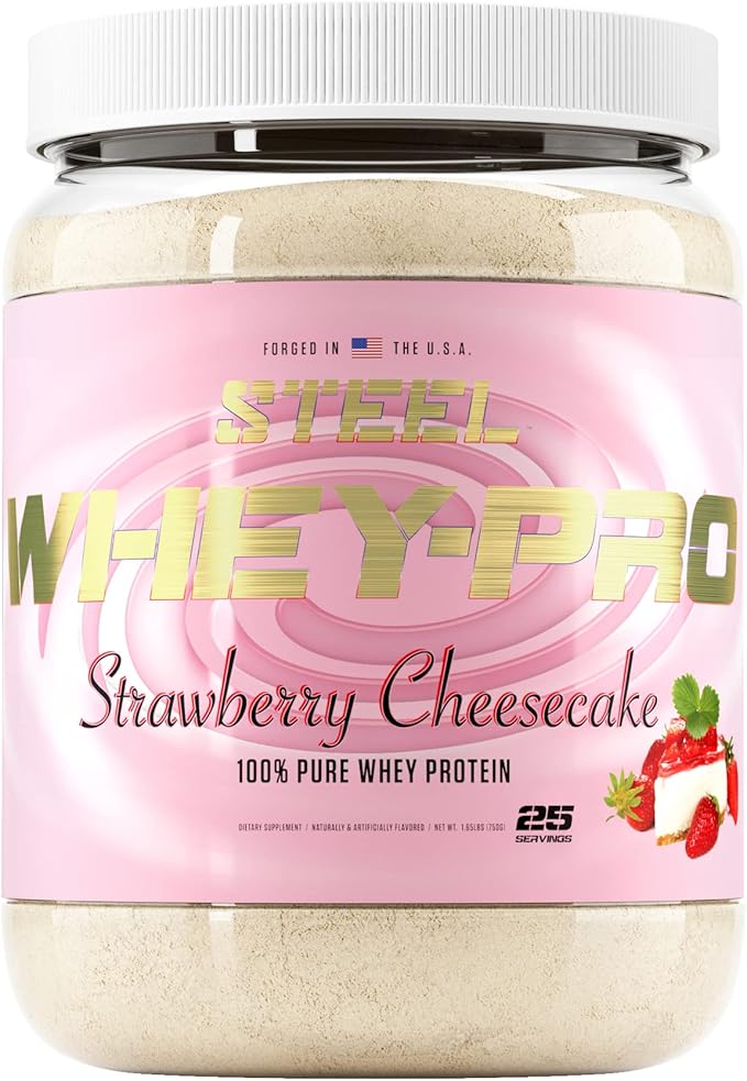 Steel Supplements Whey-Pro | 100% Pure Whey Protein Powder for Men and Women | Strawberry Cheesecake | Muscle Gain &amp Lean Muscle Recovery | Gluten Free | 1.65 lbs | BCAA 5g | Non-GMO | 25 Servings