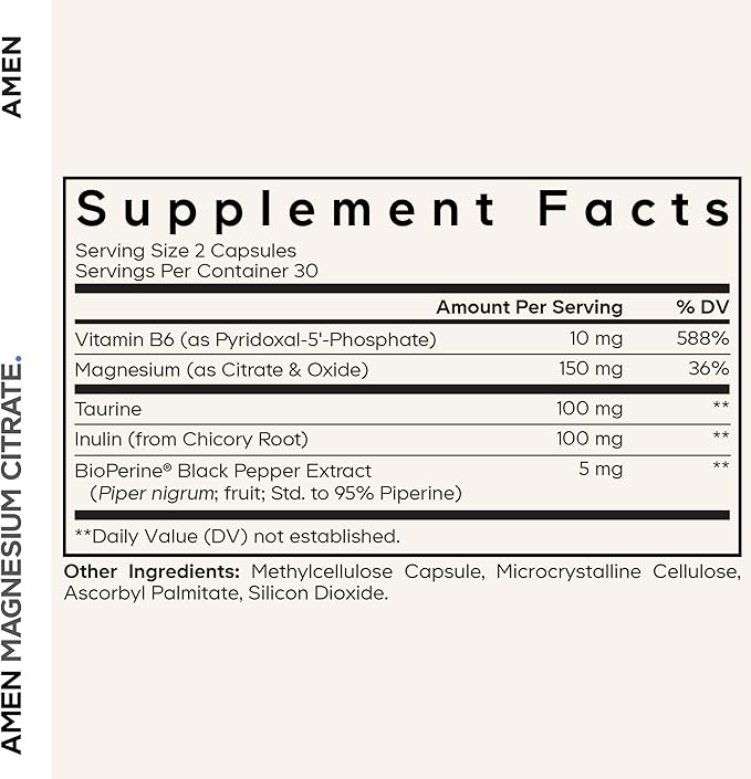 Amen Magnesium Citrate Supplement - Magnesium Pills with Vitamin B6 P5P Taurine Inulin Bioperine Black Pepper - Gluten-Free Non-GMO- 60 Capsules