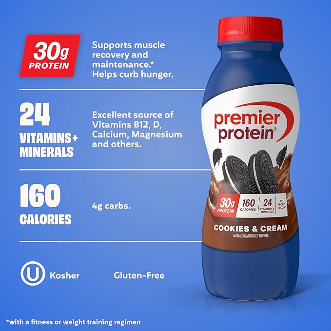 Premier Protein Shake Cookies &amp Cream 30g Protein No Added Sugar 24 Vitamins &amp Minerals to Support Immune Health 11.5 fl oz 12 Pack