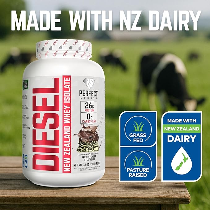 PERFECT SPORTS Diesel 100% New Zealand Whey Protein Isolate | Stevia Sweetened No Artificial Ingredients Keto | 0g Carb 0g Fat 26g Protein | 2 Pounds (Triple Rich Dark Chocolate)