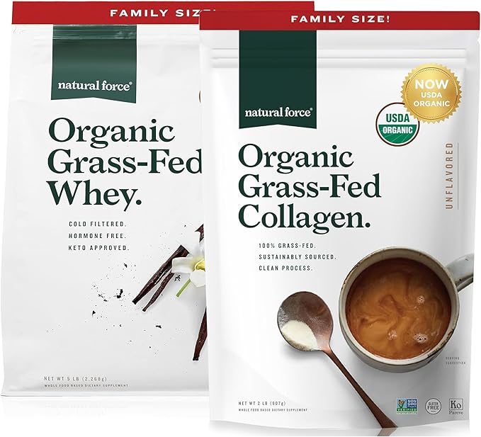 Natural Force Grass Fed Organic Whey Protein Powder Vanilla Flavor 5 lb Organic Clean Collagen Peptides Powder Unflavored 32oz
