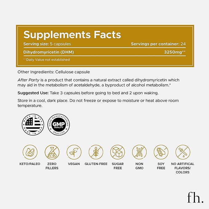 Fuller Health After Party DHM Dihydromyricetin Supplement | Supports Liver Metabolism Energy Levels Post-Celebration Relief | Feel Refreshed 650mg Per Pill | 3 Bottles 72 Servings