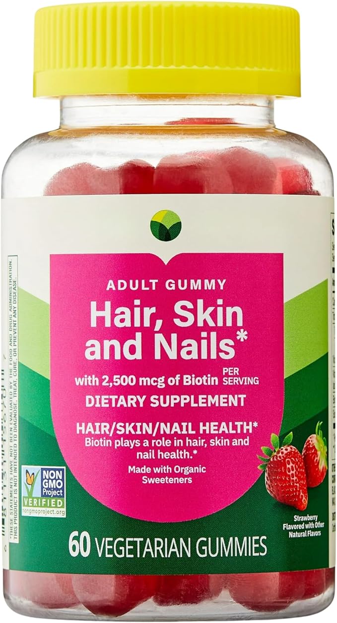 KP+ Hair Skin &amp Nails Biotin 2500 mcg | Adult Gummy Vitamins | Supports Healthy Hair Glowing Skin &amp Strong Nails | Strawberry Flavor | 60 Vegetarian Gummies | Non-GMO* | Pack of 1
