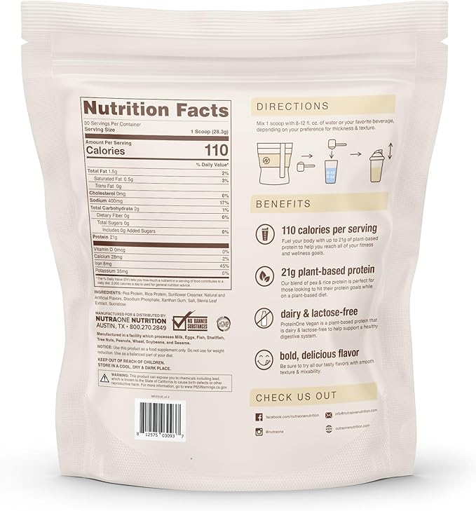 NutraOne ProteinOne Vegan Plant-Based Protein Powder Vegan Protein Powder Dairy-Free Pea and Rice Protein (Vanilla Ice Cream)