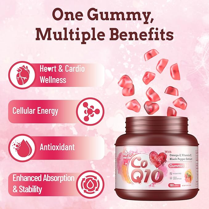 (180 Count) CoQ10 Gummies 300mg Sugar-Free | High Absorption Coenzyme Q10 Supplements with Omega-3 Vitamin E &amp Black Pepper | Heart Fertility &amp Energy | 6 Month Supply Strawberry Flavor