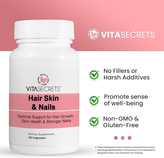 Vitasecrets Hair Skin &amp Nails Super Blend – 90 Capsules with Biotin Collagen and Hyaluronic Acid for Healthy Hair Glowing Skin and Stronger Nails – Non-GMO Gluten-Free Made in The USA