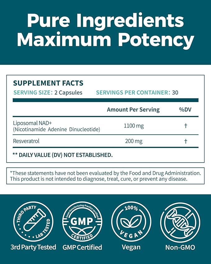 Liposomal NAD+ Supplement - 1100mg NAD Plus with Trans-Resveratrol - Support Cellular Health Skin Energy &amp Anti Aging for Women and Men - 30 Servings