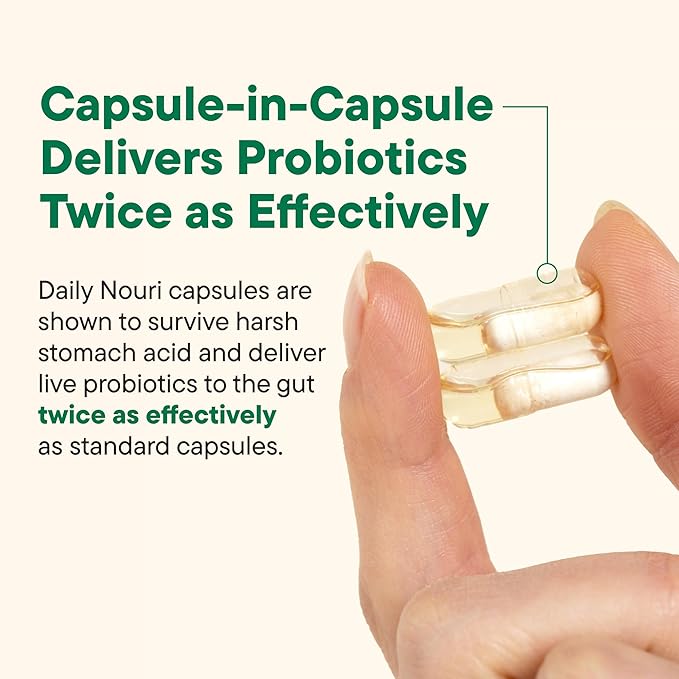 Daily Nouri Stress Support Probiotics for Women &amp Men | Mood &amp Cortisol Support | Gut-Brain Axis + Digestive Support | 3 Clinically Studied Strains + Omega | 60-Day Supply