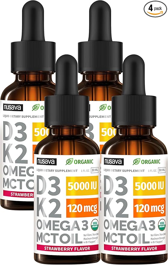 (4 Pack) Organic Vitamin D3 K2 Drops with MCT Oil Omega 3 5000 IU - Maximum Strength Vitamin D Liquid No Fillers Non-GMO Liquid D3 for Faster Absorption and Immune Support (Strawberry 4 Fl Oz)