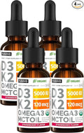 (4 Pack) Organic Vitamin D3 K2 Drops with MCT Oil Omega 3 5000 IU - Maximum Strength Vitamin D Liquid No Fillers Non-GMO Liquid D3 for Faster Absorption and Immune Support (Strawberry 4 Fl Oz)