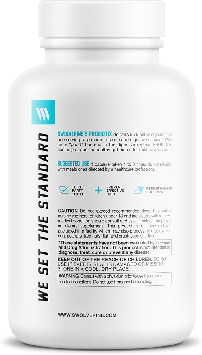 Swolverine Probiotix | Advanced Probiotic Supplement DE111 Bacillus Subtilis Digestive Health Gut Health Immune System Support (30 Count (Pack of 1))
