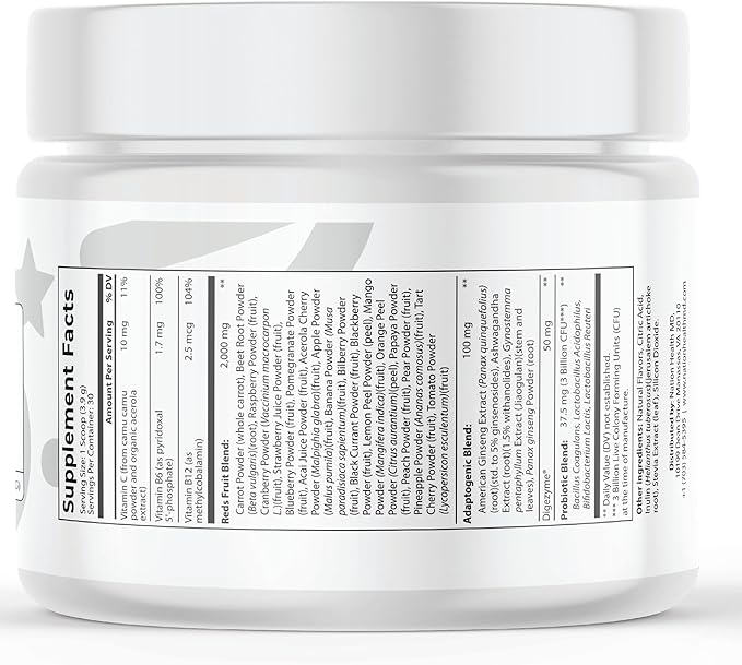 Reds Powder with 39 Superfoods Antioxidant-Rich [Red Powder Superfood] Probiotics &amp Digestive Enzymes for Energy Metabolism &amp Gut Health - Red Berry Flavor - 4.13 Oz